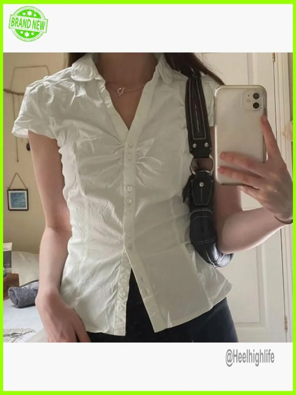 Vintage 90s Crop Shirt Cap Sleeve Lapel Collar Button Down Slim Fit Ruched Tie - Picture 3 of 6